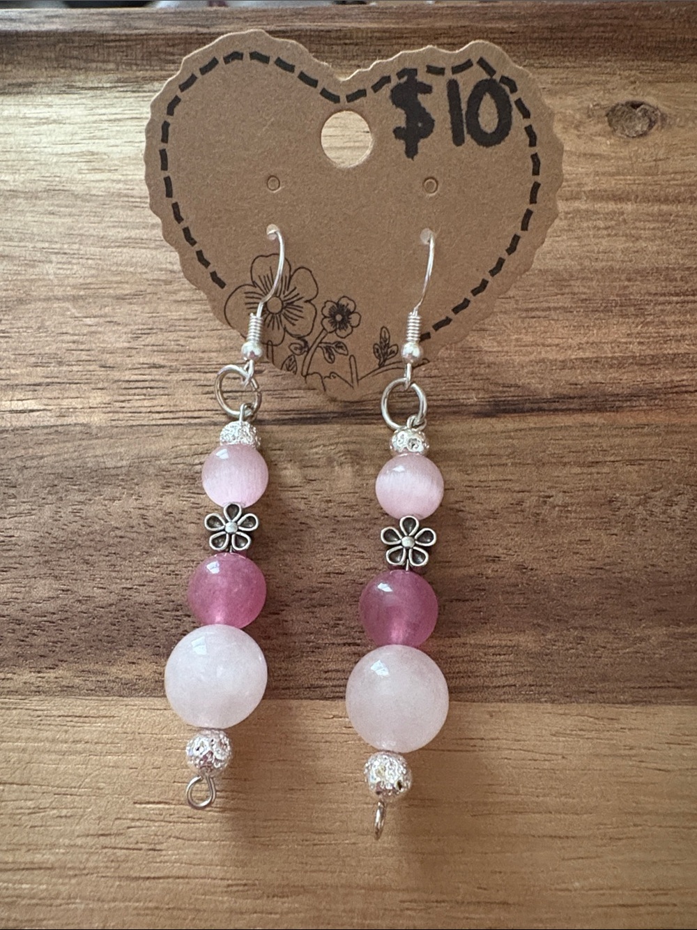 Handmade Pink Beaded Dangle Earrings w/ Rose Quartz